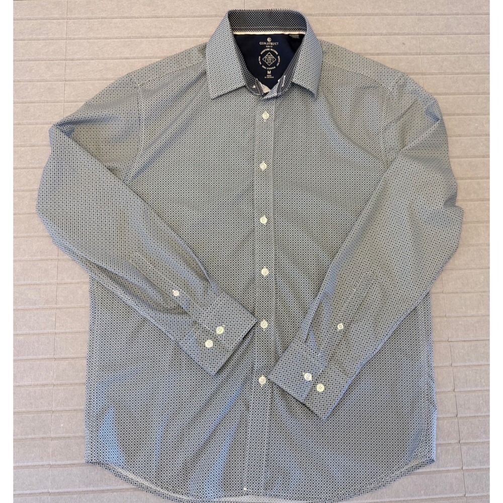 CON.STRUCT Mens Slim Fit Shirt M Navy Blue Geometric 4-Way Stretch Long Sleeve
